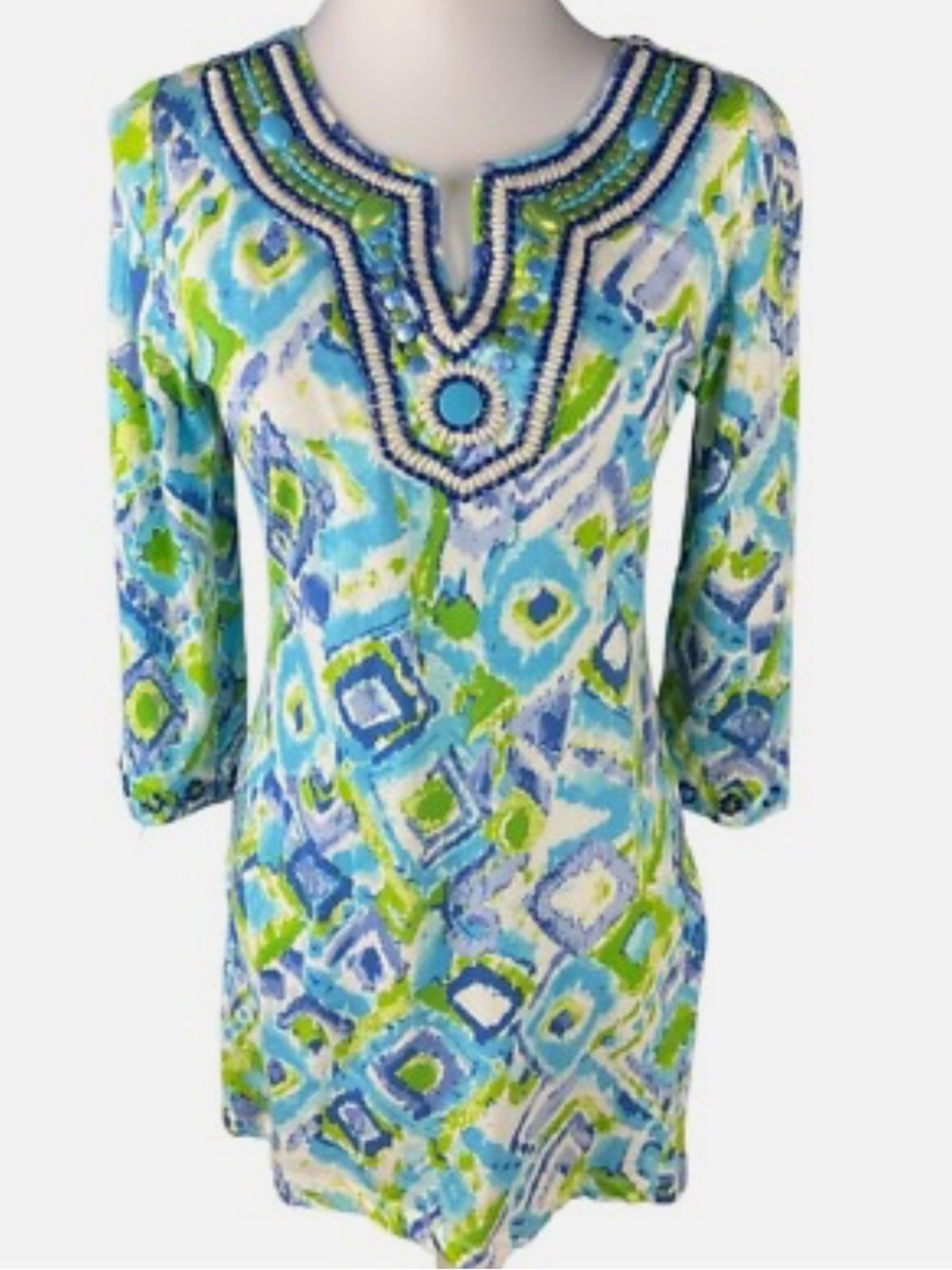 Barbara Gerwit Womens Embellished V-Neck Tunic Top Sz Medium Resortwear Coastal